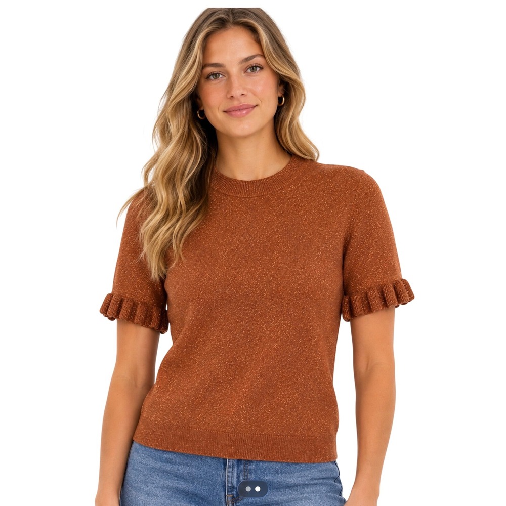 La Maille Sezane Paris Rust Orange Metallic Knit Ruffle Sleeve Sweater Top Small